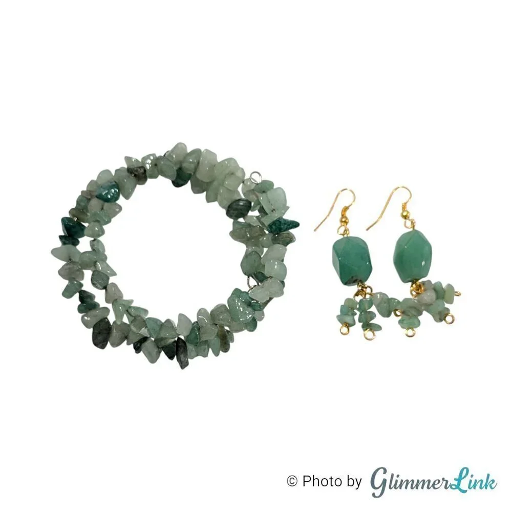 Aventurine Stone Chip Nugget Dangle Earrings & Wrap Around Bracelet Jewelry Set